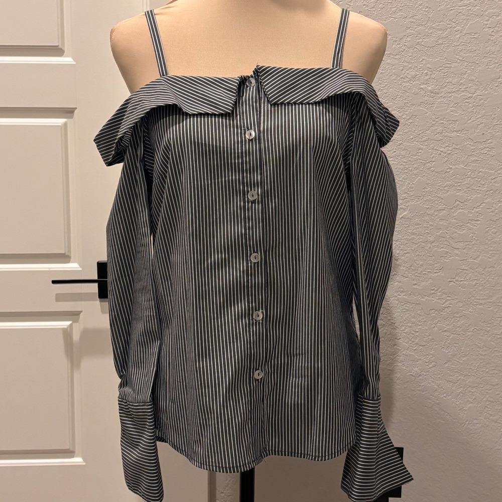 By & By Cold Shoulder Top Women Medium Black White Pinstripe Button Down Straps